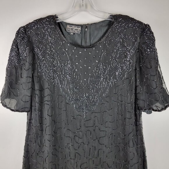 Vintage 80s Black Silk Beaded Shift Dress Evening Party Cocktail sz 2X - Picture 2 of 10